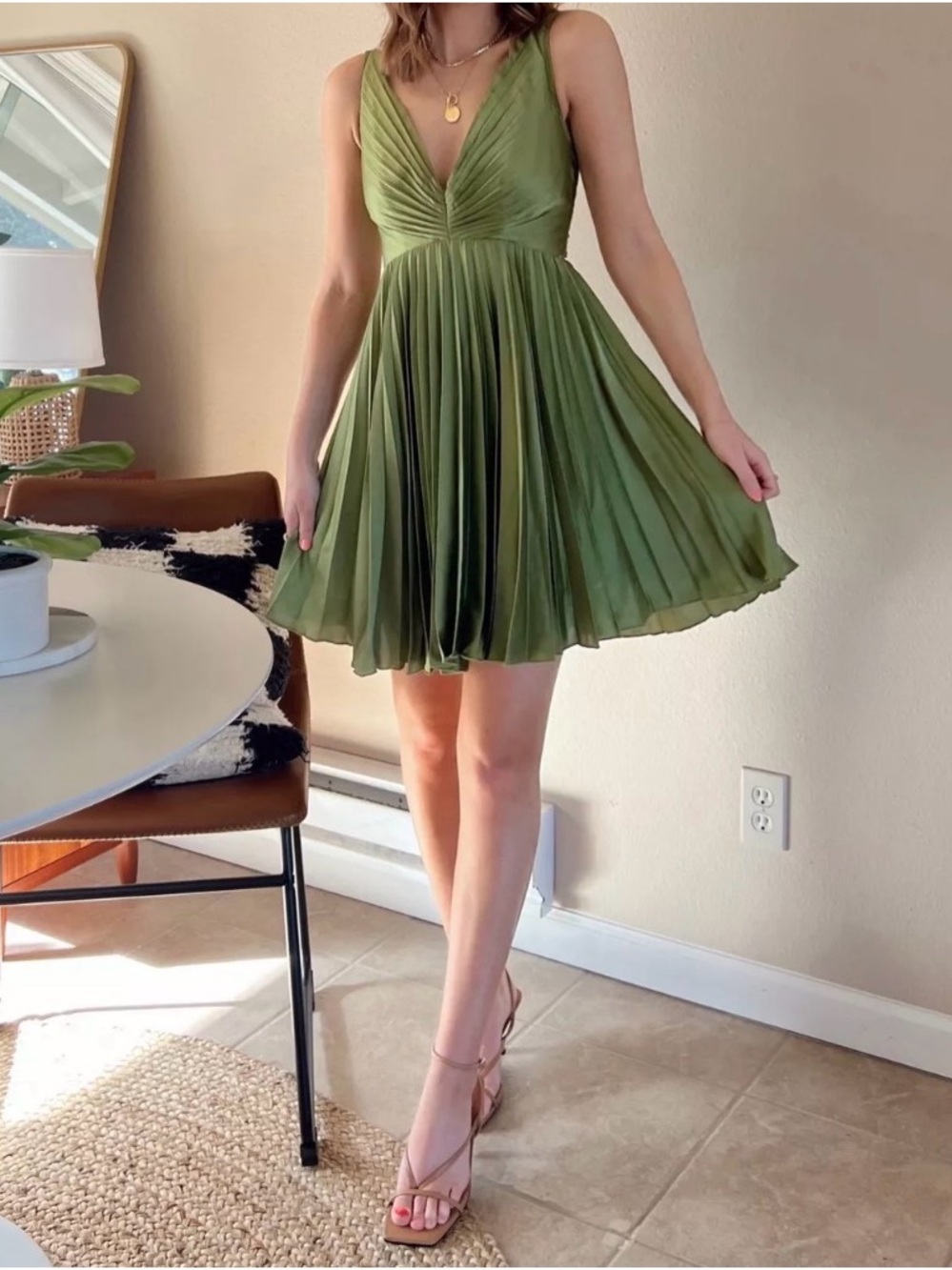 Abercrombie Satin Green Giselle V-Neck Pleated Mini Dress